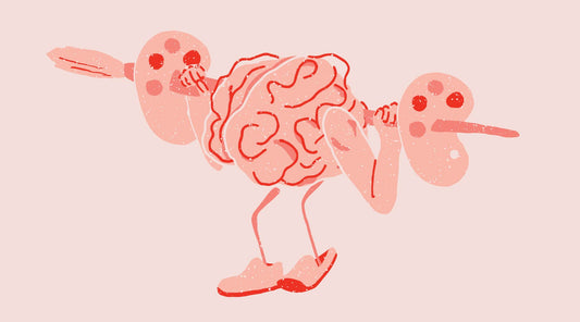 An illustration of a brain weightlifting using a paint brush and paint palettes, demonstrating the healthy relationship between creativity and the brain.