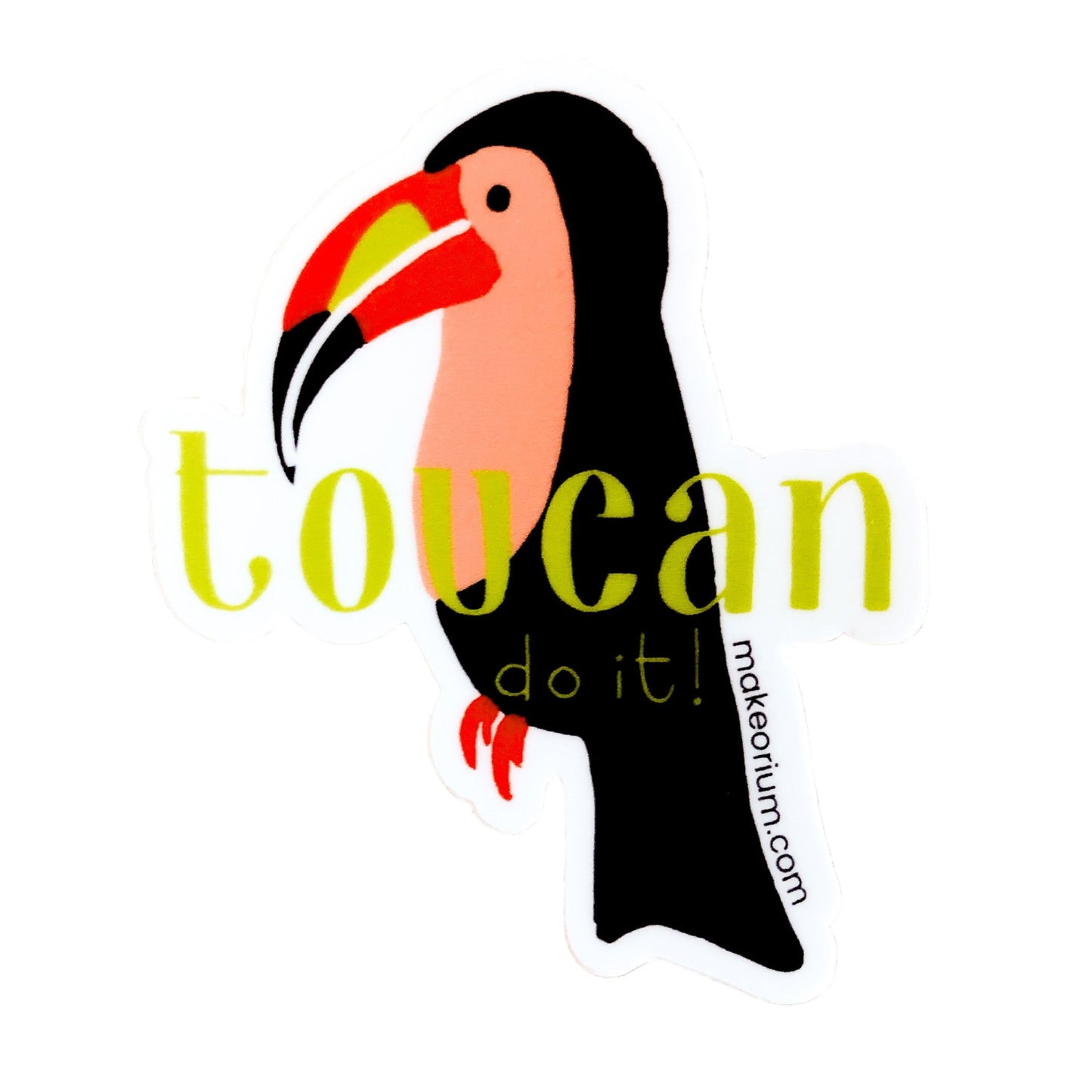 Vinyl sticker featuring an illustrated toucan in shades of blue, peach, orange, and lime green with hand-drawn text, "Toucan do it!" on a white background.